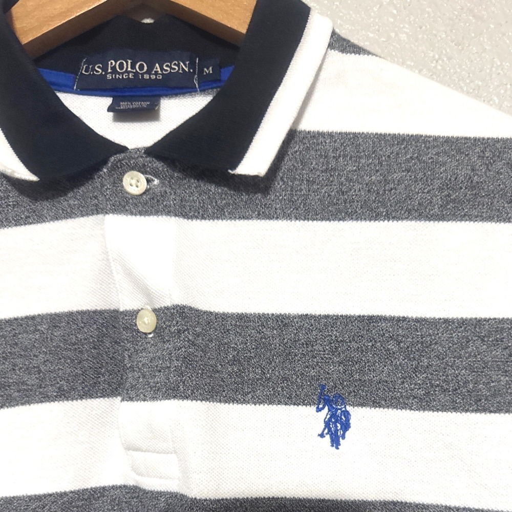 US Polo‎ Assn Striped Polo Button Shirt Mens Medium White Grey Pony Logo Prppy - Picture 4 of 6
